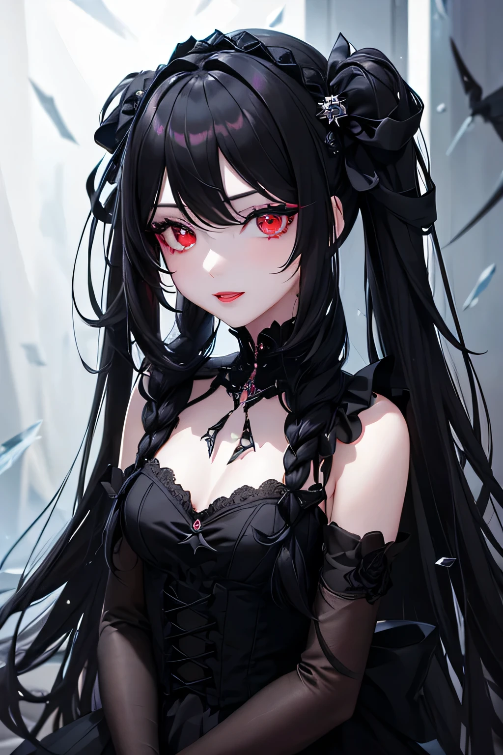 1 girl,Depp's Sense,confused,catch light,Super beautiful illustration,Ice fragments,(black color,long hairstyles:1.3),dark dark eyeshadow,bright red lipstick,Gothic Lolita,;d,beautiful and delicate hair,delicate and detailed red eyes,blue shining light effect,