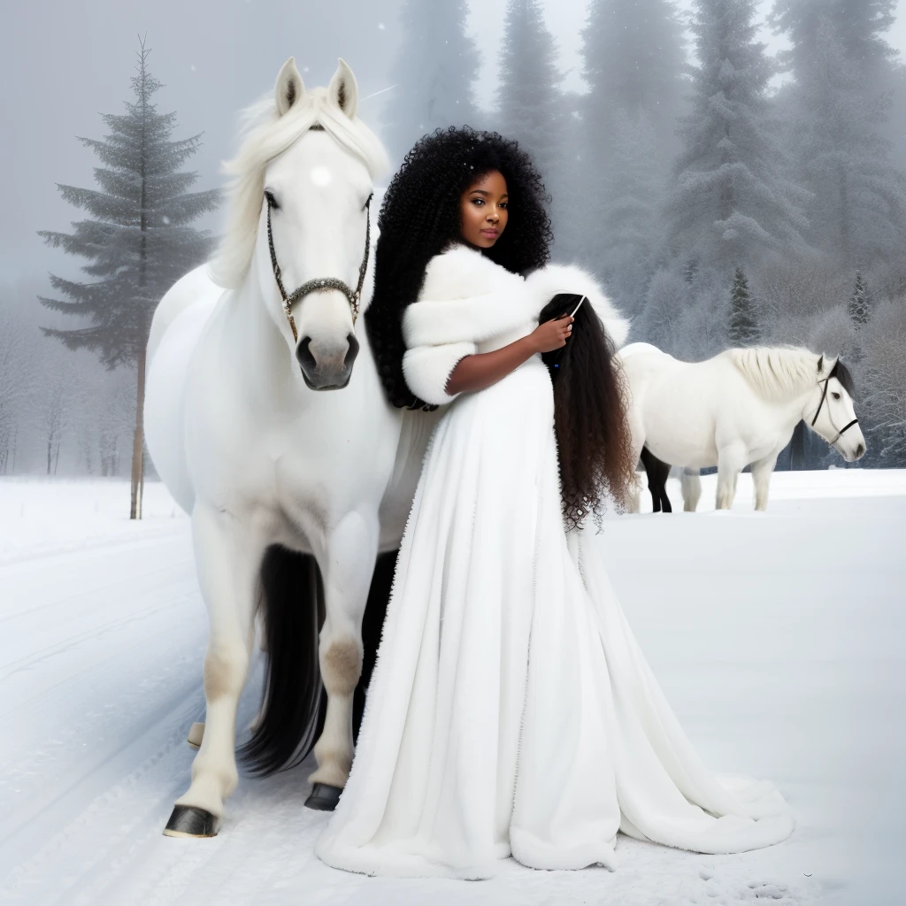 african-american with dark skin woman with long  highly curly hair style, in a white fur coat standing next to one white horse, white snow forest background