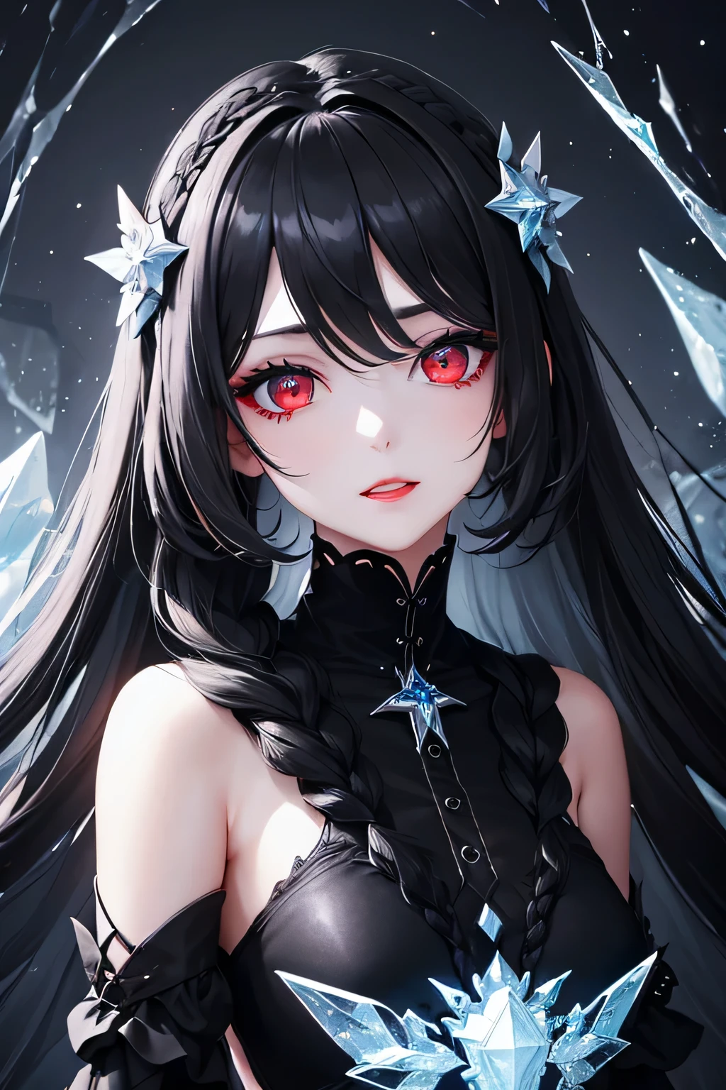 1 girl,Depp's Sense,confused,catch light,Super beautiful illustration,Ice fragments,(black color,long hairstyles:1.3),dark dark eyeshadow,bright red lipstick,Gothic Lolita,;d,beautiful and delicate hair,delicate and detailed red eyes,blue shining light effect,ice aura