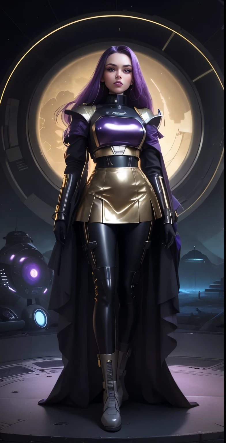 1965 cheerleader, medium skirt, purple gold colors, In the deep recesses of a military industrial complex stands Massively sized Time Tunnel in a government reinforce massive bunker forest covered in darkness and secrecy. A very attractive and futuristically half dressed time traveler (half android) woman ((shinny clothing and time travel accessories)) stands sadly beside the broken Time Machine. A colorful Matrix computer code is mixed into the background amongst the forest trees.