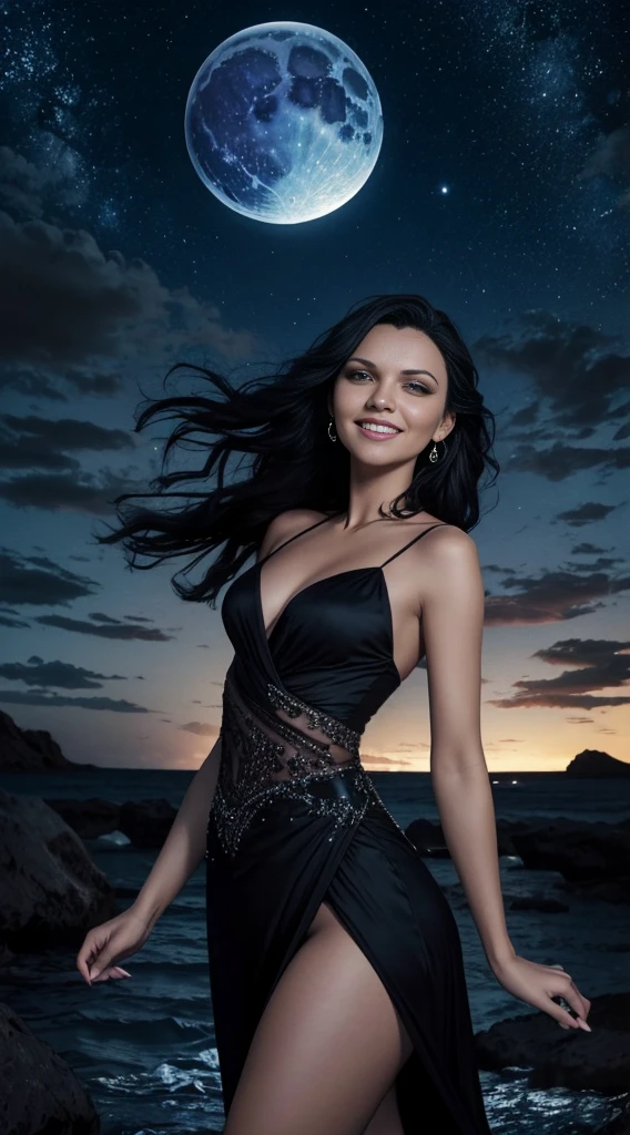 mundo de fantasia, paisaje nocturno,tarja turunen, mujer humana,sonrisa triste, alegria efimera,luna llena, completamente elegante,facciones delicadas, cabello negro, cuerpo tonificado, nalgas grandes, small waist, senos grandes,atmosfera gotiga