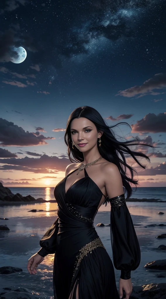 mundo de fantasia, paisaje nocturno,tarja turunen, mujer humana,sonrisa triste, alegria efimera,luna llena, completamente elegante,facciones delicadas, cabello negro, cuerpo tonificado, nalgas grandes, small waist, senos grandes,atmosfera gotiga