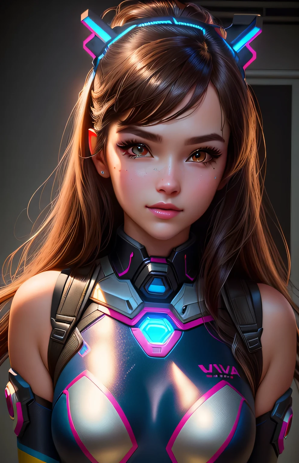 1girl, D.va , overwatch, reflective, glistening skin, studio, super detailed, HD, visible pores, perfect hair, very detailed hair, perfect, very beautiful, a hyper realistic, masterpiece, highly detailed, cinematic lighting, ray tracing, cinematic composition. award winning photo, high contrast, light sparkles, clear face, beautiful dark brown eyes, eyes match, perfect eyelashes
