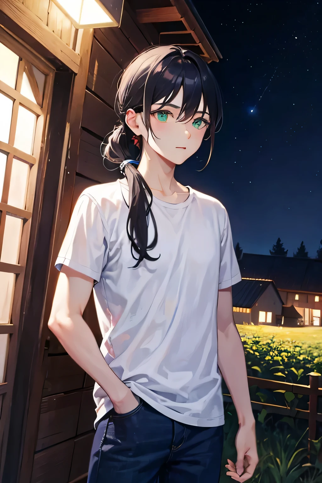 1 young man with black hair and low ponytail, go out, night, in vast farmland,There is a dilapidated farmhouse in the distance, There are no lights, serious face, green eyes, No pattern plain white T-shirt, blue jeans, not tied down, no lights, Non-female