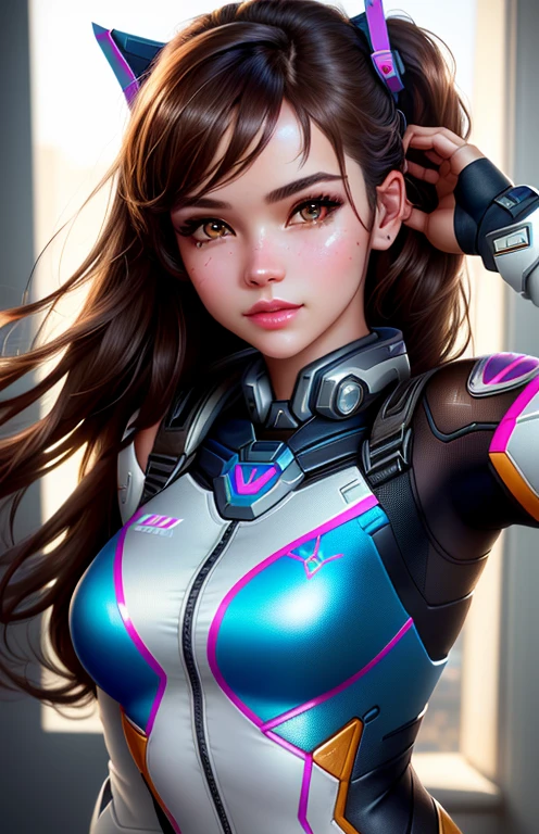 1girl, D.va , overwatch, reflective, glistening skin, studio, super detailed, HD, visible pores, perfect hair, very detailed hair, perfect, very beautiful, a hyper realistic, masterpiece, highly detailed, cinematic lighting, ray tracing, cinematic composition. award winning photo, high contrast, light sparkles, clear face, beautiful dark brown eyes, eyes match, perfect eyelashes
