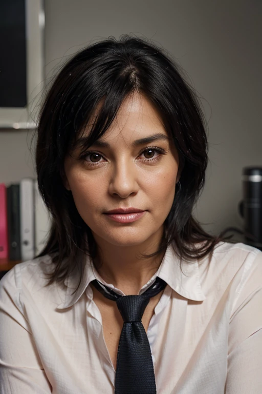 (Photorealistic: 1.37), close-up portrait of a 50 year old woman, beautiful black hair, looking at the camera head-on, vivid colors, soft lighting, sitting in his office with shirt and tie