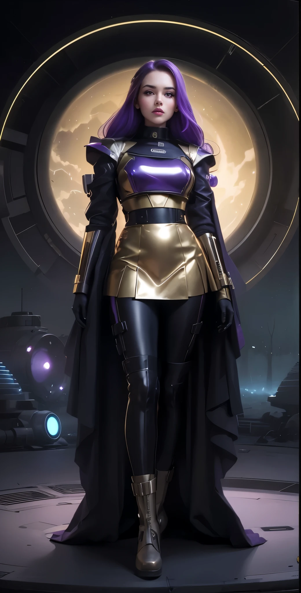 1965 cheerleader, medium skirt, purple gold colors, In the deep recesses of a military industrial complex stands Massively sized Time Tunnel in a government reinforce massive bunker forest covered in darkness and secrecy. A very attractive and futuristically half dressed time traveler (half android) woman ((shinny clothing and time travel accessories)) stands sadly beside the broken Time Machine. A colorful Matrix computer code is mixed into the background amongst the forest trees.