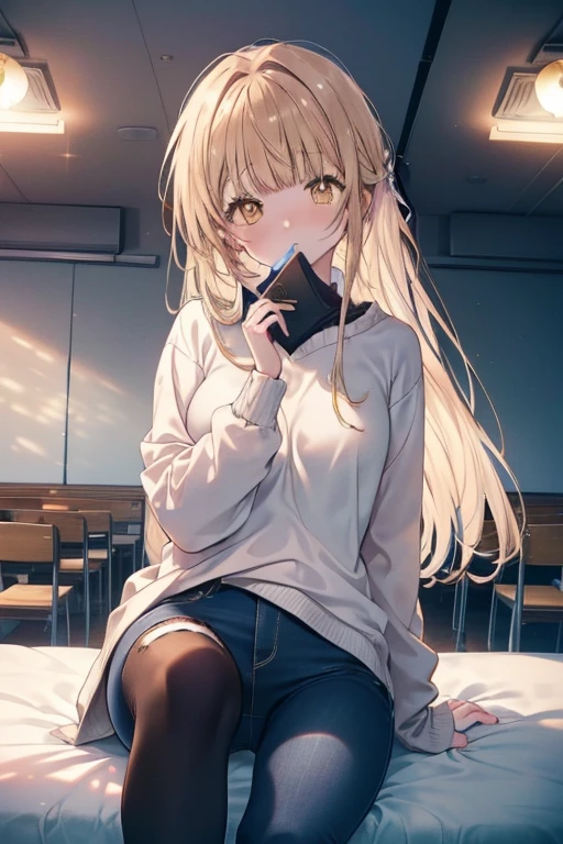Mahirusha, Mahiru Shiina, blonde hair, (brown eyes:1.7), long hair, White Long Sweater,short denim pants,Black pantyhose,love hotel bed,crotch,look away,embarrassing,blushing,break looking at viewer, whole body,
break indoors, classroom,break (masterpiece:1.2), highest quality, High resolution, unity 8k wallpaper, (figure:0.8), (beautiful and fine eyes:1.6), highly detailed face, perfect lighting, Very detailed CG, (perfect hands, perfect anatomy),