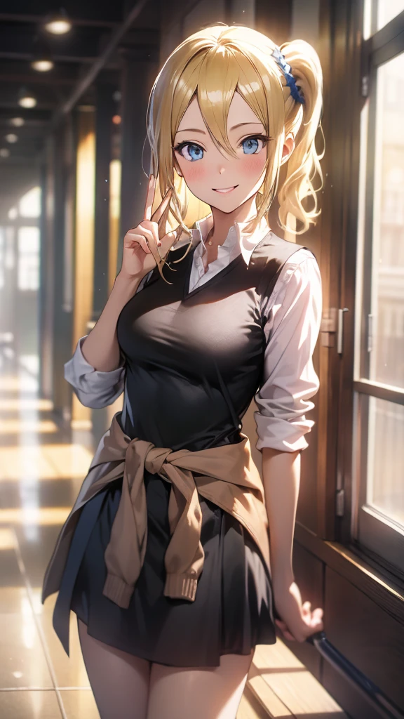 High resolution 8K, aihayasakav4, peace fingers, Anime style, Film Portrait Photography, smile, 1girl, solo, hayasaka ai, blue eyes, blonde hair, black school uniform, white shirt, cardigan around waist, blue scrunchie, standing, indoors, hallway, smile, (Natural skin texture Vibrant details, hyper realistic)