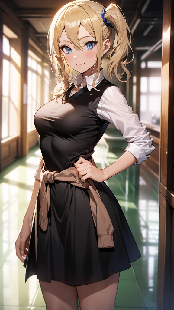 High resolution 8K, aihayasakav4, peace fingers, Anime style, Film Portrait Photography, smile, 1girl, solo, hayasaka ai, blue eyes, blonde hair, black school uniform, white shirt, cardigan around waist, blue scrunchie, standing, indoors, hallway, smile, (Natural skin texture Vibrant details, hyper realistic)