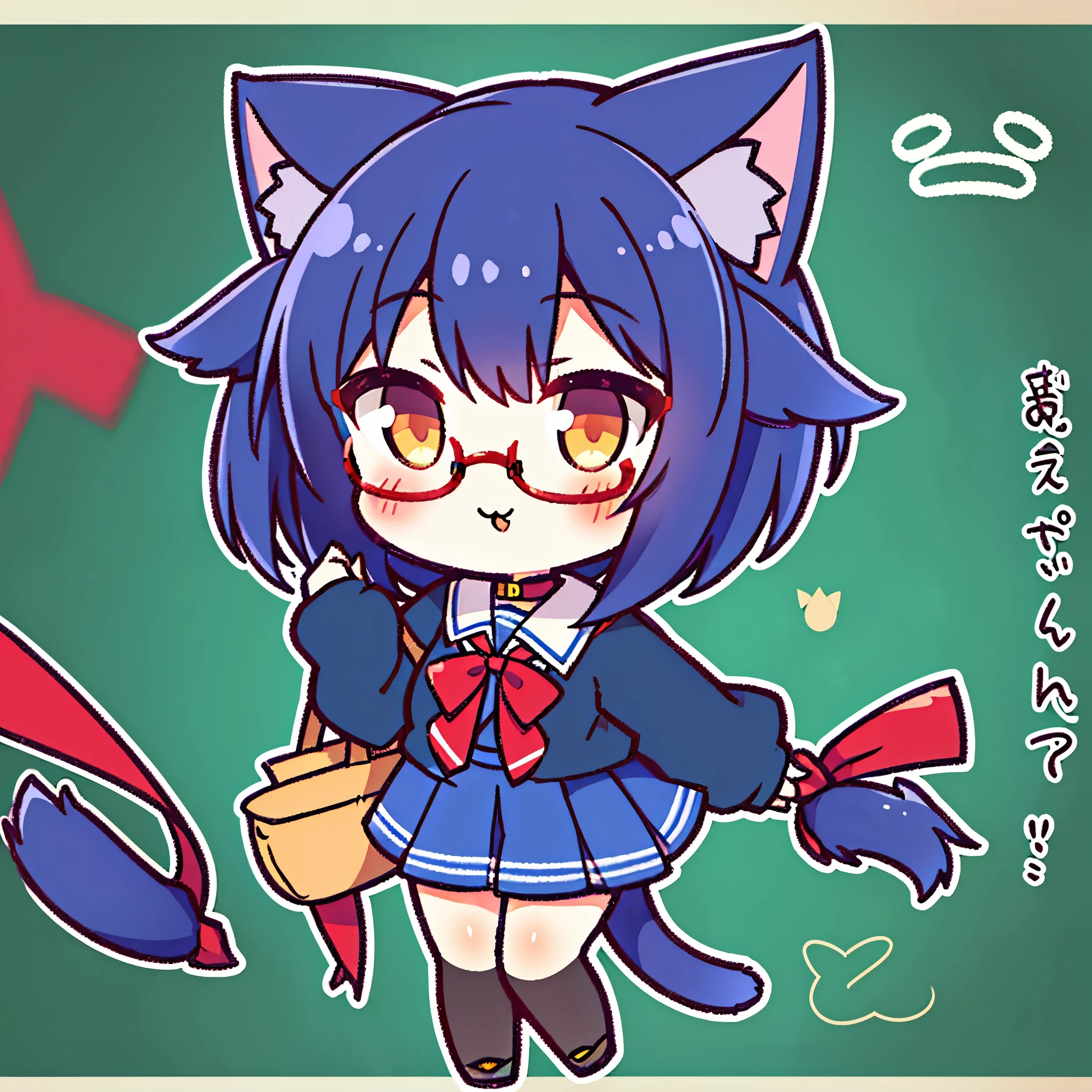 furry,cat girl,dark blue short hair, cat tail, glasses, red hair ribbon, school uniform, blush