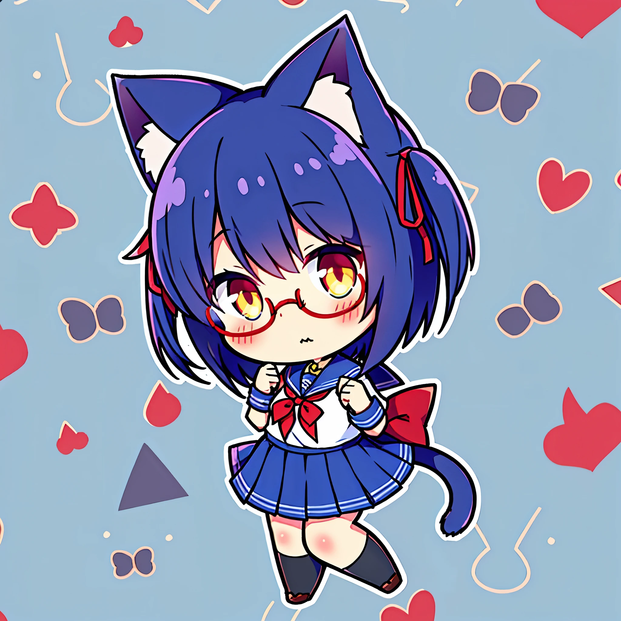 furry,cat girl,dark blue short hair, cat tail, glasses, red hair ribbon, school uniform, blush