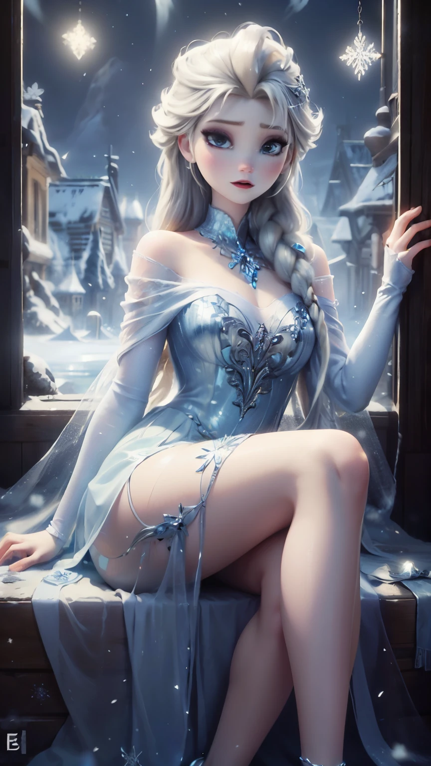 Emilia re:zero, purple eyes, Emilia, crown braid, x hair ornament, flower hair ornament, white hair, long hair, medium breasts, arafed woman posing in a snow, ice queen, queen of ice and storm, ice sorceress, winter princess, ice princess, queen of winter, beautiful elsa, bright blue shiny lingerie, crystal maiden, goddess of winter, elsa from frozen, elsa frozen, zenescope, the ice queen, as seen on artgerm