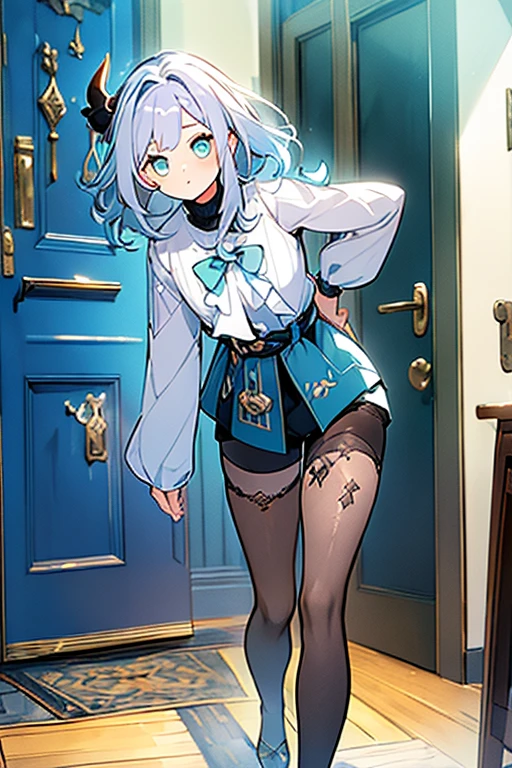 (Masterpiece: 1.5, best quality, high resolution: 1.3, super resolution, super detailed, ultra detailed: 1.3, rich background: 1.2, 1 woman)) deep blue eyes + wavy white hair + very short hair + female body + chest large + medium hips + thick thighs + long legs + blue oeckle horns (oversized turtleneck shirt with long sleeves, short jean shorts, dark pantyhose, bow tying part of her hair) ((confused expression, opening a door , striking eyes)) (colors for clothing and accessories: white, black, aquamarine green, blue)
