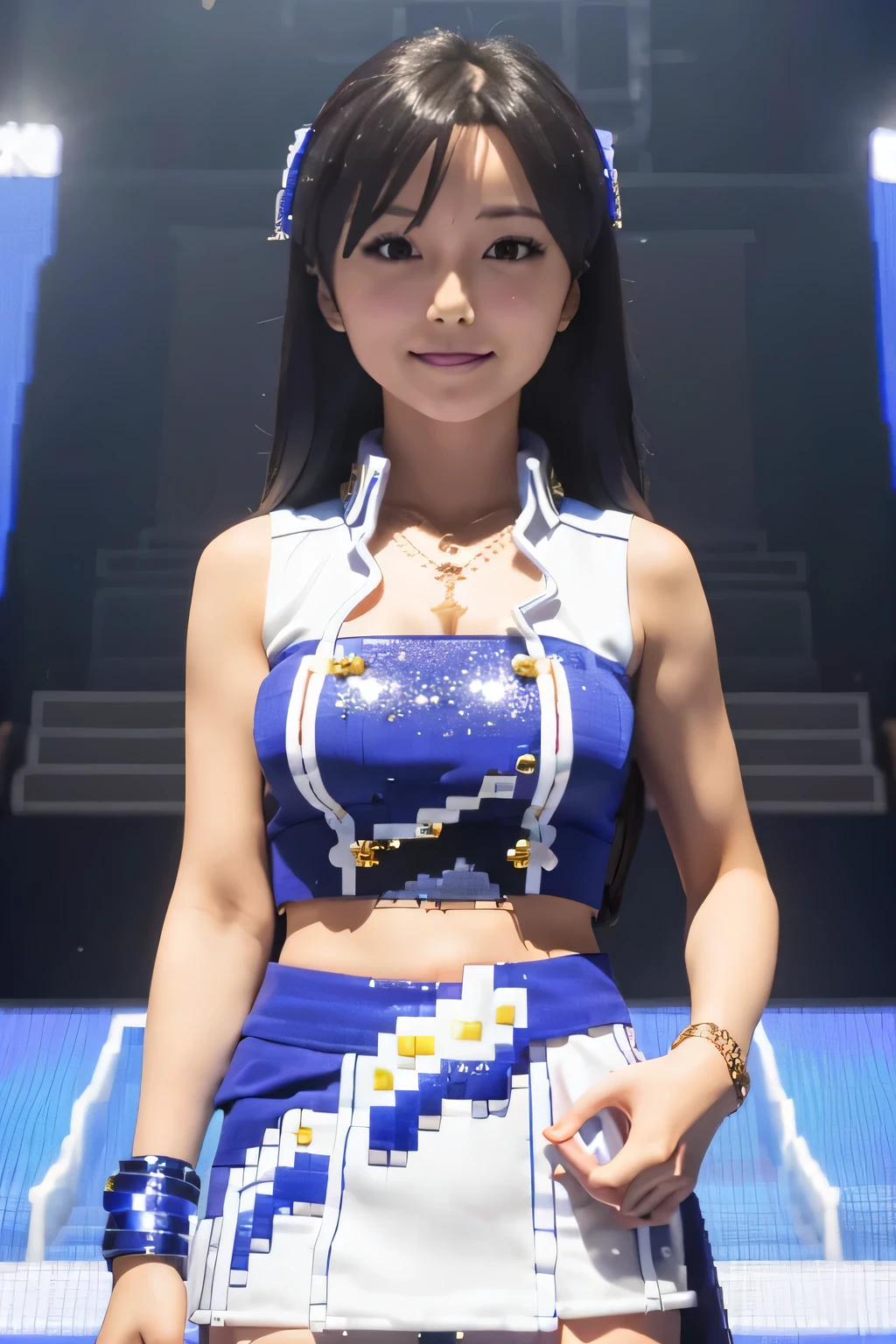 (((pixel perfect, Perfection with attention to detail))), alone, 1 girl, Chihaya Kisaragi, stage, Idol, bare shoulders, necklace, looking at the viewer, :d, smile