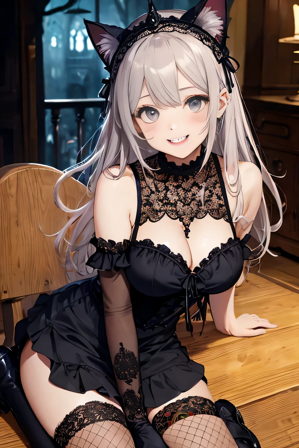 (8K、RAW photo、highest quality、masterpiece:1.2)、detailed background、beautiful and detailed face、beautiful and smooth skin、skin texture、professional lighting、Beautiful  girl、sexual expression、laughter、smile、cute髪の色、cute hairstyle、(big breasts:1.2)、cute、Cat、Catみみ、Cat&#39;eyes、Cat ear、Cat eyes、(cuteCatの手のポーズ)、Mainly dresses and skirts decorated with frills and lace。black or purple、Choose a dark color such as red、Emphasizes the gothic atmosphere。
For dresses and skirts、Lace and frills are often used。sleeve or skirt hem、By adding lace to the neckline etc..、You can combine cuteness and gothic elements.。
Classic accessories are key。for example、lace gloves and ribbon、crown-shaped headdress、If you incorporate cross accessories etc..、You can further enhance the gothic atmosphere.。
To create a contrast with a skirt or dress、It is best to choose black lace socks or fishnet stockings..。
boots、Items decorated with lace, ribbons, etc.、If you choose a thick sole、Can give a more gothic impression。
