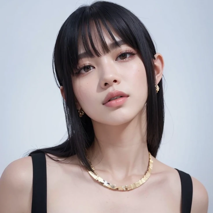 um close up de uma mulher usando um vestido preto e um colar dourado, Lalisa Manobal, shikami, o corte Hime, ela tem cabelo preto com franja, chiho, Lalisa Manoban do Blackpink, sui ishida com cabelo preto, Yoshitomo Nara, corte de cabelo preto hime