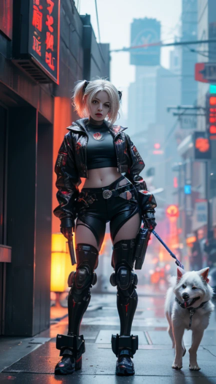 HD wallpaper 32k cinematic shoot of DC's harley quinn((Android cyberpunk/robotic bodypart)) and her robotic dog((Mecha dog)), she hold an mecha baseball bat, under red cropped jacket, on futuristic cyberpunk Gotham city, explosion behind, hyper detail, extreme detail --ar 4:7 --style raw --stylize 750 --v 6