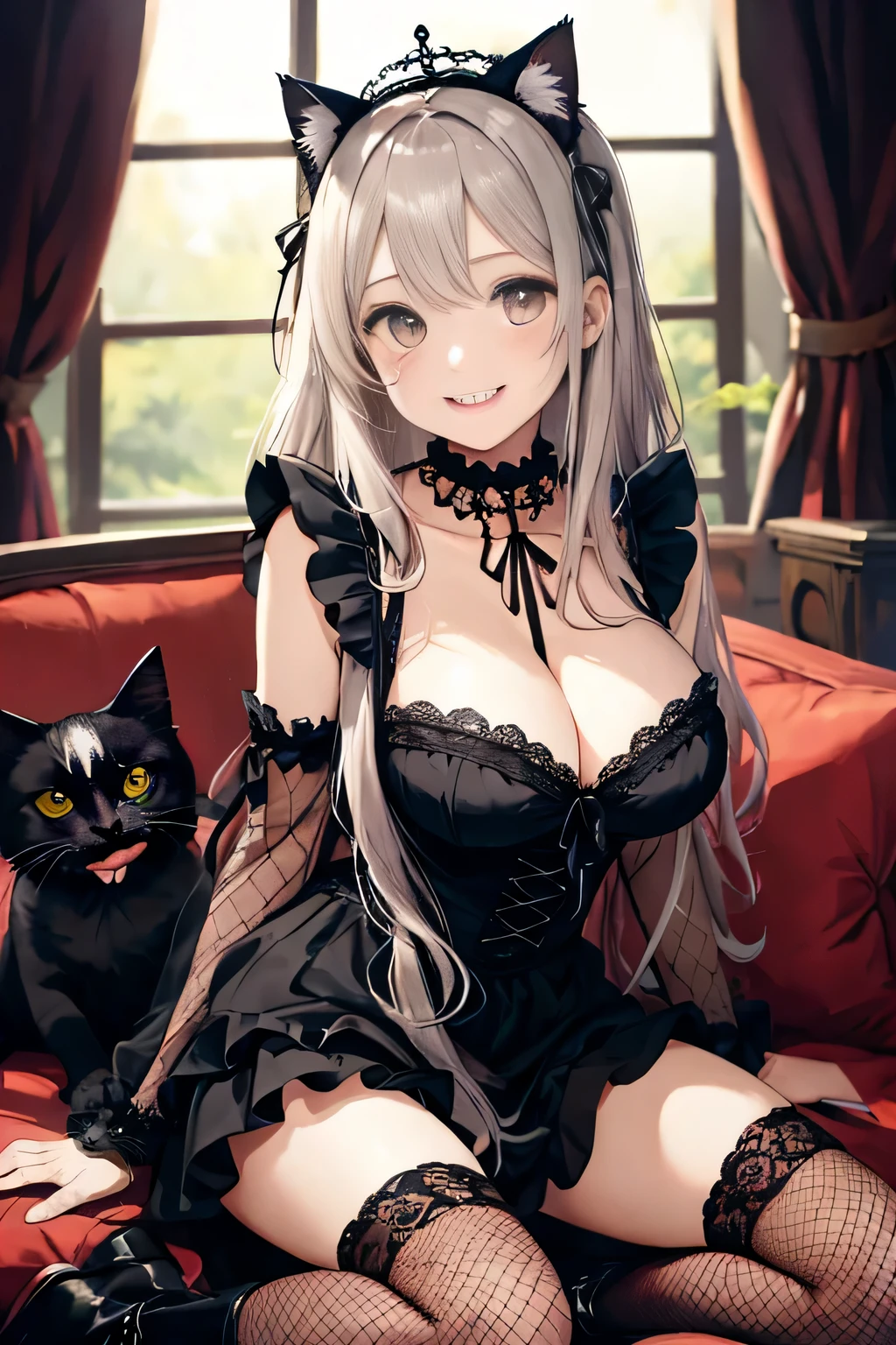 (8K、RAW photo、highest quality、masterpiece:1.2)、detailed background、beautiful and detailed face、beautiful and smooth skin、skin texture、professional lighting、Beautiful girl、sexual expression、laughter、smile、cute髪の色、cute hairstyle、(big breasts:1.2)、cute、Cat、Catみみ、Cat'eyes、Cat ear、Cat eyes、(cuteCatの手のポーズ)、Mainly dresses and skirts decorated with frills and lace。black or purple、Choose a dark color such as red、Emphasizes the gothic atmosphere。
For dresses and skirts、Lace and frills are often used。sleeve or skirt hem、By adding lace to the neckline etc..、You can combine cuteness and gothic elements.。
Classic accessories are key。for example、lace gloves and ribbon、crown-shaped headdress、If you incorporate cross accessories etc..、You can further enhance the gothic atmosphere.。
To create a contrast with a skirt or dress、It is best to choose black lace socks or fishnet stockings..。
boots、Items decorated with lace, ribbons, etc.、If you choose a thick sole、Can give a more gothic impression。