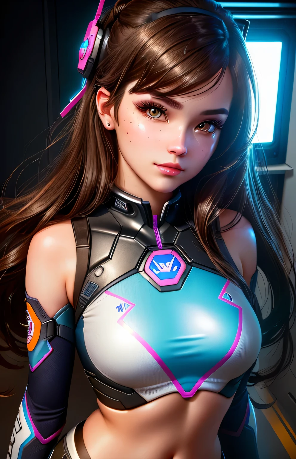 1girl, D.va , overwatch, reflective, glistening skin, studio, super detailed, HD, visible pores, perfect hair, very detailed hair, perfect, very beautiful, a hyper realistic, masterpiece, highly detailed, cinematic lighting, ray tracing, cinematic composition. award winning photo, high contrast, light sparkles, clear face, beautiful dark brown eyes, eyes match, perfect eyelashes