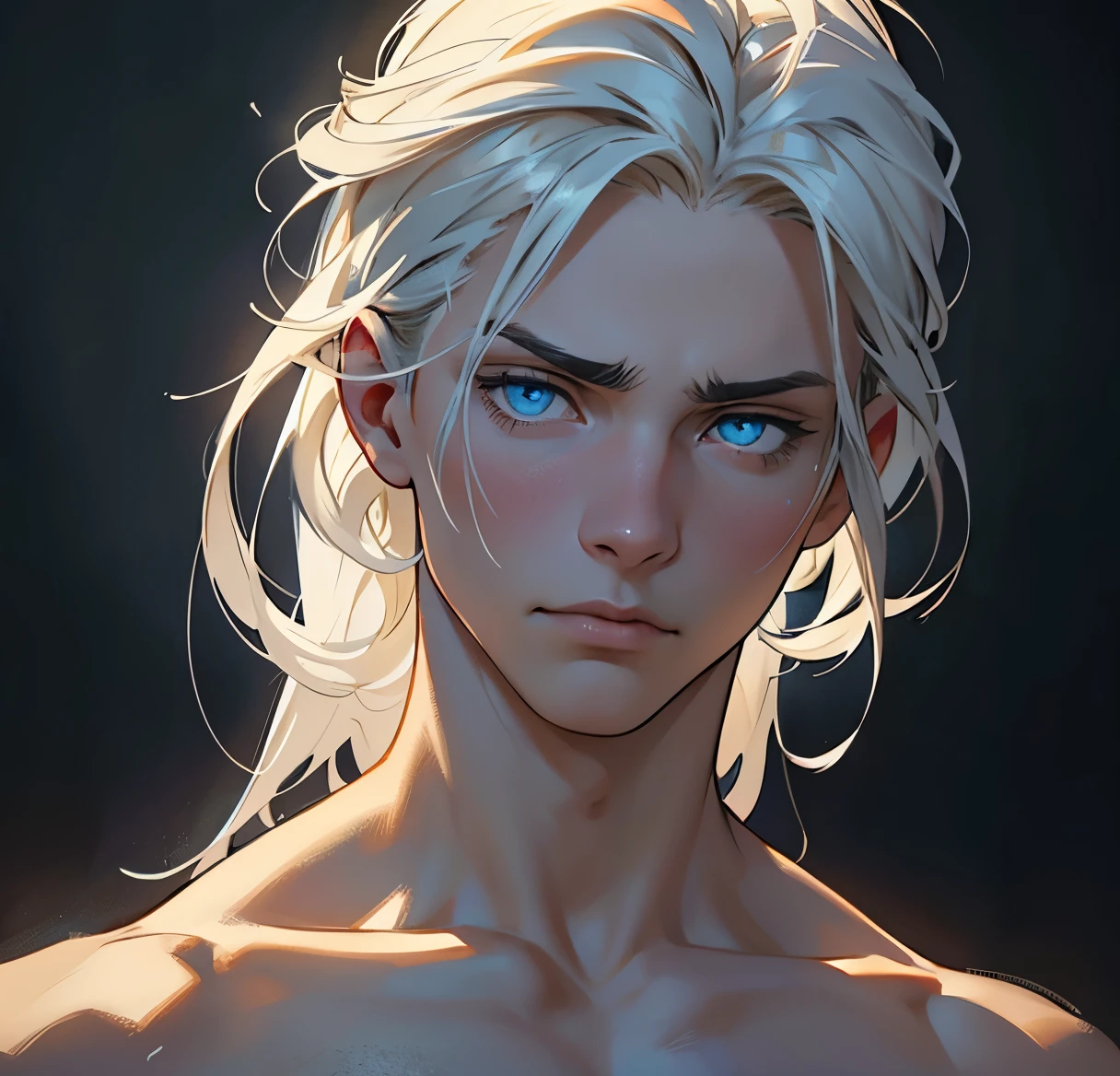 The prompt for the given theme would be:
(a boy with blue eyes,ultra-detailed,realistic:1.37,masterpiece:1.2),young,masculine Caucasian,medium length white hair, casaco de caveira, empty gaze, vacant expression, sixteen years old, high-res portrait, intense lighting, moody atmosphere, dark background, captivating and mysterious allure, contemplative mood, intricate details on facial features, sharp focus, vibrant and realistic colors, emotional depth, breathtaking realism.
