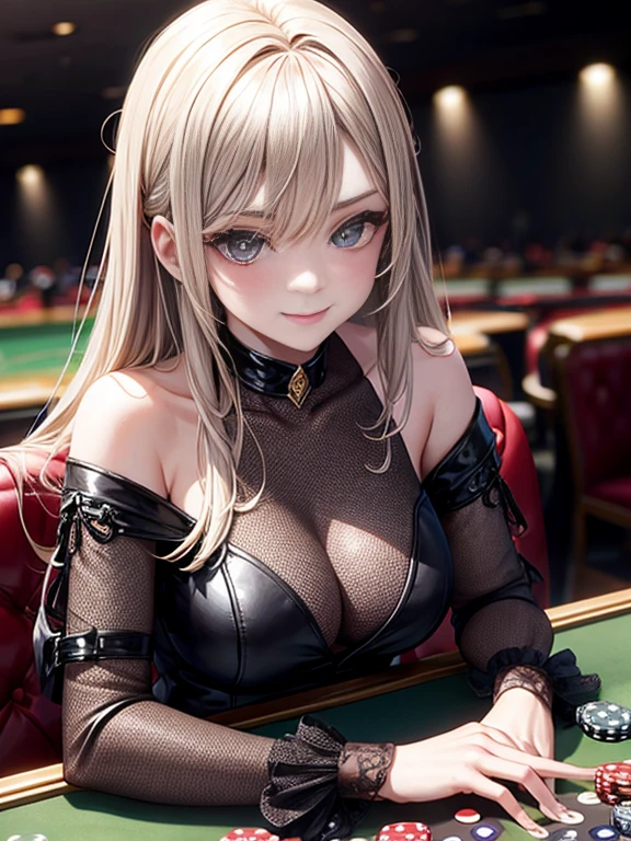 Generate an image of a girl sitting at a casino table, resting her elbows on the table and intertwining her fingers. She has a mischievous smirk on her face, resembling a devilish smile. Her eyes are piercing and filled with confidence, and her hair is styled in a sleek and sophisticated manner, adding to her allure. She is dressed in an elegant and fashionable outfit, exuding a sense of power and intrigue."