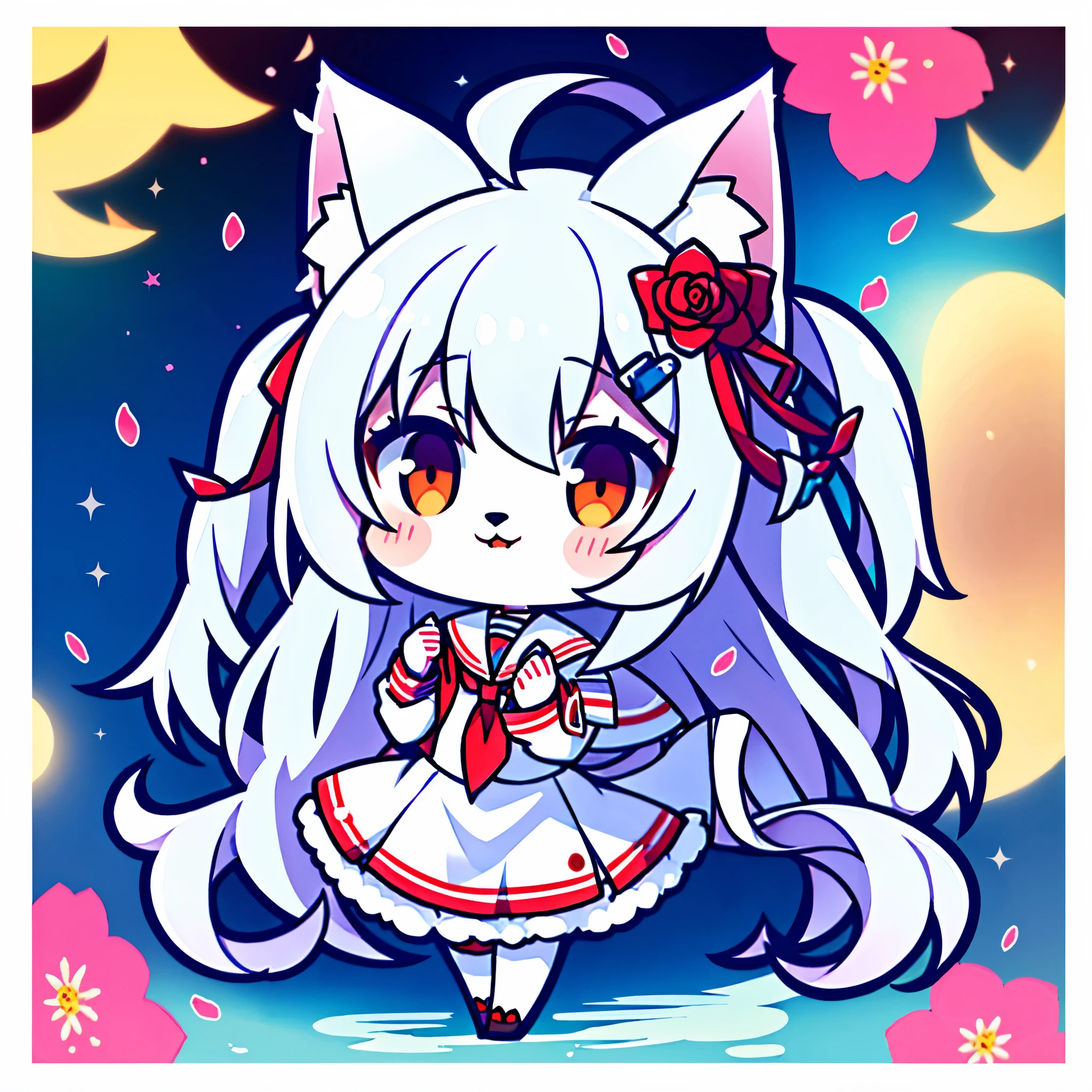 furry,fox girl,white long hair, white fluffy tail,school uniform,flower petal hairpin,chibi