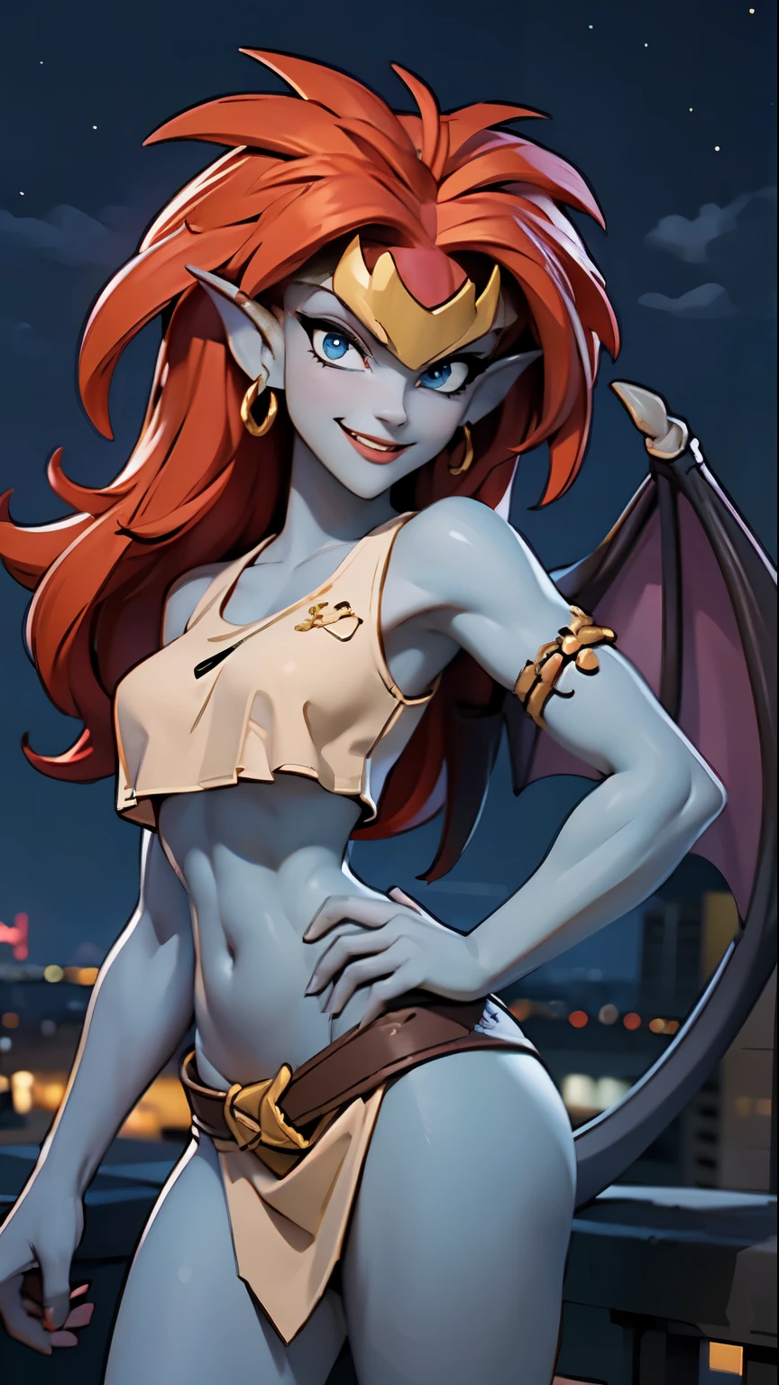 Masterpiece, raw,  beautiful art, professional artist, 8k, art style by sciamano240, (draw Demona from Gargoyles, )very detailed face, very detailed hair, 1 woman, perfectly drawn body, beautiful face, long hair, wild red hair , very detailed blue eyes , gold tiara, gray tattered top, gray loin cloth, showing abs, toned body, rosey cheeks, intricate details in eyes, evil smile, looking directly at viewer , night time, standing on rooftop, very close up on face,