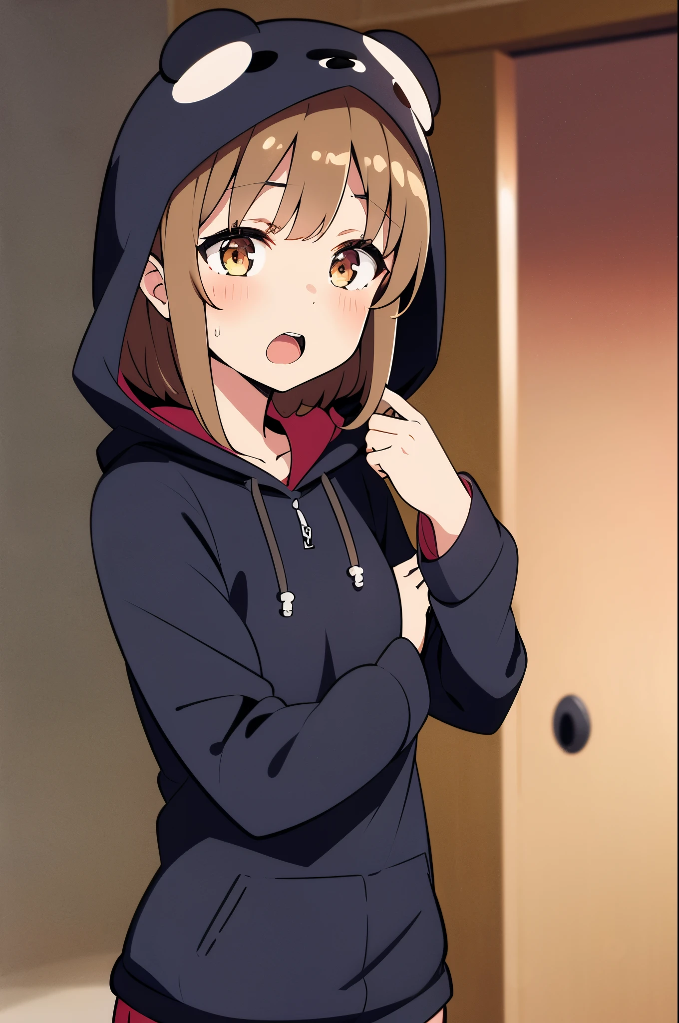 1girl, :o, animal_costume, animal_ears, azusagawa_kaede, blush, brown_eyes, brown_hair, commentary_request, d:, grey_background, hood, hoodie, marker_(medium), millipen_(medium), open_mouth, panda_costume, potekite, seishun_buta_yarou, short_hair, traditional_media, yellow_eyes