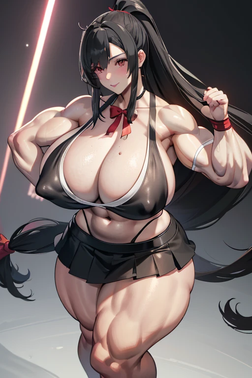 Best quality,8K,ultra high res:1.5),(Pretty very very long ponytail hair tied with red ribbon girl),(Huge breasts:1.20),(very voluptuous body),(very voluptuous thigh),(body builder girl:1.5),(wide muscle:1.8),(light smile),(eyes to camera),(light black hair),(red bra),(red short skirt),(nipples),(sexy abdominal muscles),(standing view),(black shoes)