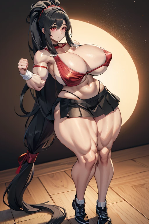Best quality,8K,ultra high res:1.5),(Pretty very very long ponytail hair tied with red ribbon girl),(Huge breasts:1.20),(very voluptuous body),(very voluptuous thigh),(body builder girl:1.5),(wide muscle:1.8),(light smile),(eyes to camera),(light black hair),(red bra),(red short skirt),(nipples),(sexy abdominal muscles),(standing view),(black shoes)