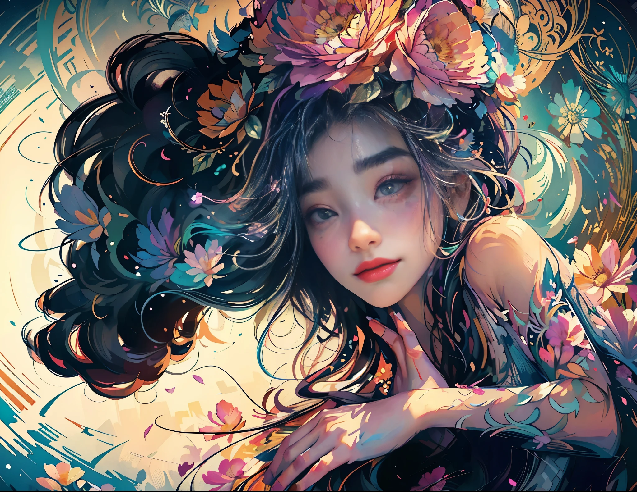 official art, unity 8k wallpaper, ultra detailed, beautiful and aesthetic, beautiful, masterpiece, best quality, (zentangle, mandala, tangle, entangle), (ecstasy of flower:1.2), dynamic angle, cowboyshot, the most beautiful form of chaos, elegant, a brutalist designed, vivid colours, romanticism, atmospheric, warm smile, bright eyes detailed eyes