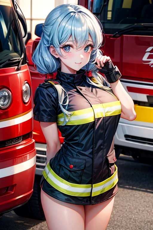 british firefighter、cute、seriously、Lashes long、highest quality、anime style