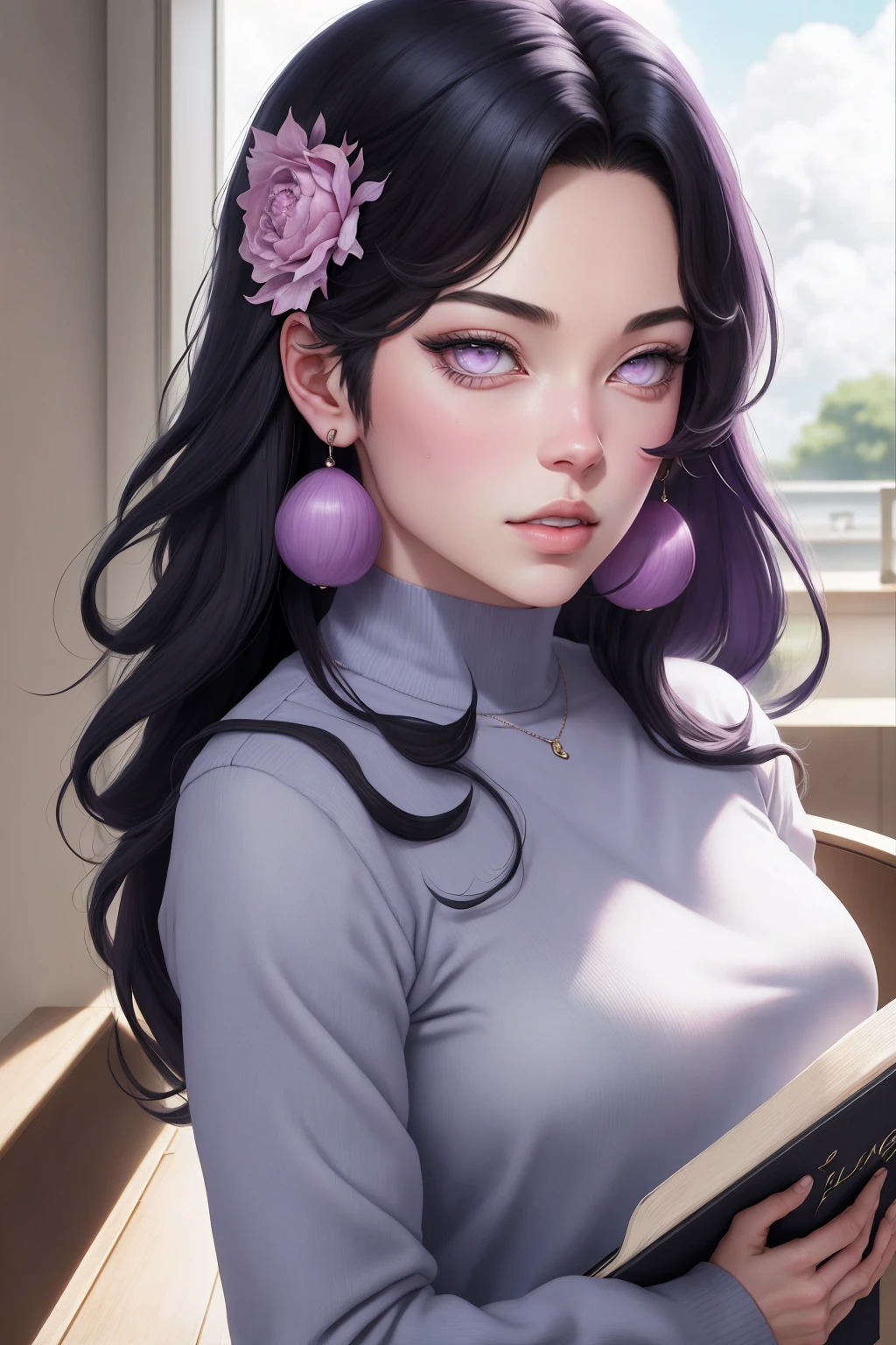 { - anatomy error} (Masterpiece - Ultra-detailed, very high resolution) , absurdos, Hinata\(Boruto\), 1girl, sozinho,Mature female, Capuz roxo,mangas em camadas, jeans, ao ar livre, Cloudy sky, perfect composition, circunstanciado lips, peito grande, beautiful face, body propotion, corar, (pink lips), cabelos pretos curto (black hair), lilac eyes, olhar suave, super realistic, circunstanciado, rosto e corpo realistas, Realistic hair, olhos realistas, nariz realista, realistic lips, with large hoop earrings, anime.