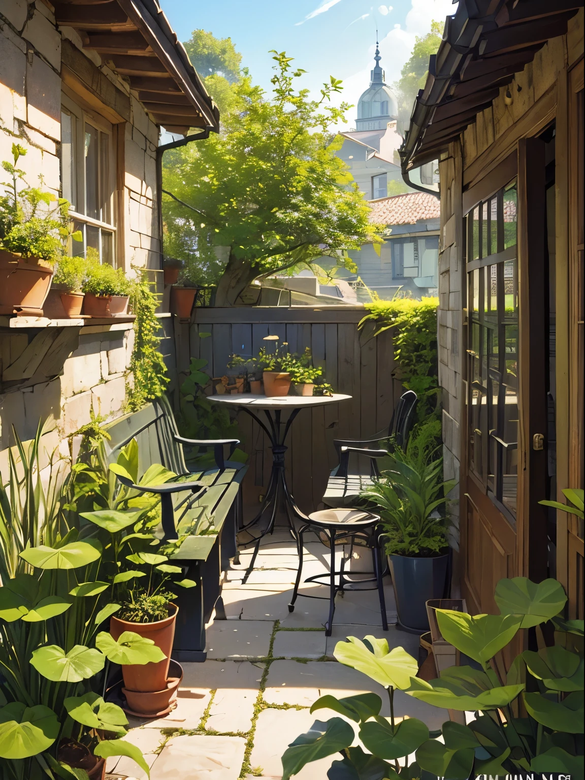 (micro-landscape:1.5),(best quality), ((masterpiece)), (highres), illustration, original, extremely detailed wallpaper, no humans, window, scenery, plant, water, potted plant, outdoors, building, door, house, flower pot, day, lily pad, chair, flower, table, stairs, watermark, hat, tree, sunlight, pond, grass, indoors, reflection, lamp, balcony, black headwear, bush, sky, railing, desk, open window, shelf, leaf, book, web address, copyright name, ladder, architecture, shadow, solo, dated, vines, vase, city, cafe, lantern, bucket, ruins, bench, shop, signature, moss, boat, barrel, river,