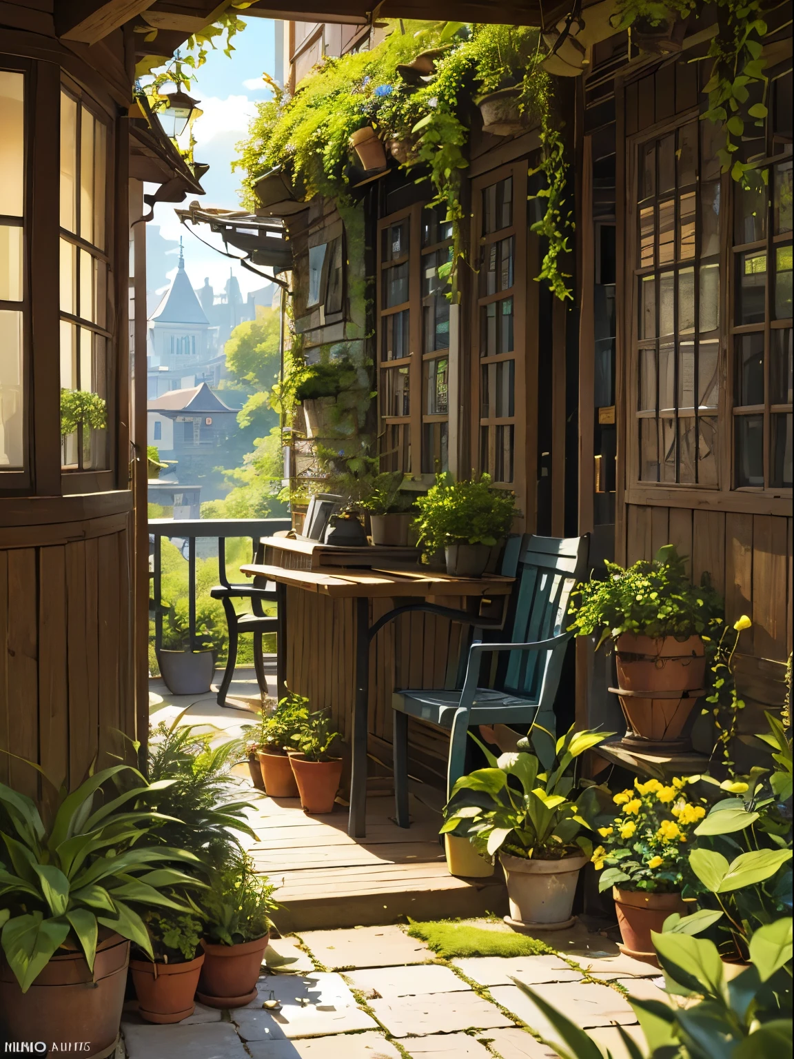 (micro-landscape:1.5),(best quality), ((masterpiece)), (highres), illustration, original, extremely detailed wallpaper, no humans, window, scenery, plant, water, potted plant, outdoors, building, door, house,  flower pot, day, lily pad, chair, flower, table, stairs, watermark, hat, tree,  sunlight, pond, grass, indoors,  reflection, lamp, balcony, black headwear, bush, sky, railing, desk, open window, shelf, leaf, book, web address, copyright name, ladder, architecture, shadow, solo, dated, vines, vase, city, cafe, lantern, bucket, ruins, bench, shop, signature, moss, boat, barrel, river,