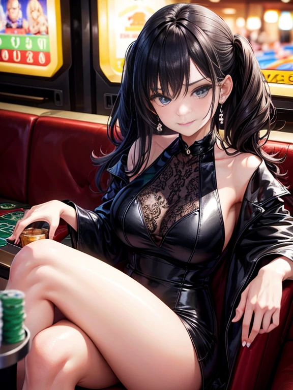 Generate an image of a girl sitting at a casino table, resting her elbows on the table and intertwining her fingers. She has a mischievous smirk on her face, resembling a devilish smile. Her eyes are piercing and filled with confidence, and her hair is styled in a sleek and sophisticated manner, adding to her allure. She is dressed in an elegant and fashionable outfit, exuding a sense of power and intrigue."