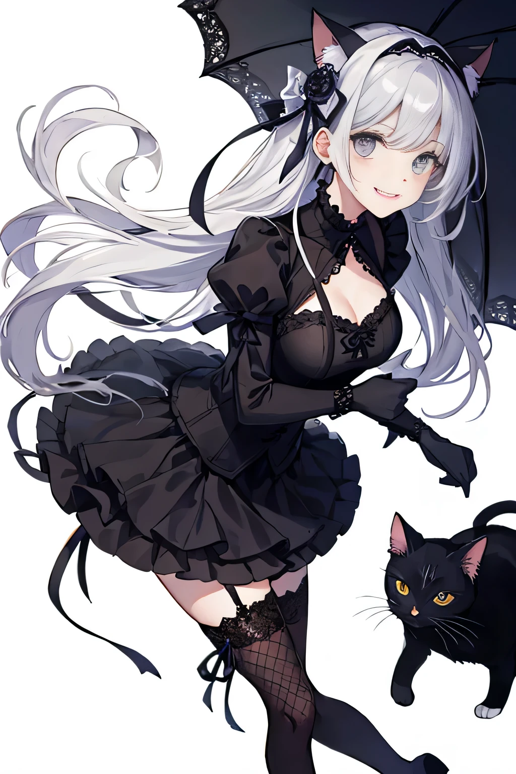 (8K、RAW photo、highest quality、masterpiece:1.2)、detailed background、beautiful and detailed face、beautiful and smooth skin、skin texture、professional lighting、Beautiful girl、sexual expression、laughter、smile、cute髪の色、cute hairstyle、(big breasts:1.2)、cute、Cat、Catみみ、Cat'eyes、Cat ear、Cat eyes、(cuteCatの手のポーズ)、Mainly dresses and skirts decorated with frills and lace。black or purple、Choose a dark color such as red、Emphasizes the gothic atmosphere。
For dresses and skirts、Lace and frills are often used。sleeve or skirt hem、By adding lace to the neckline etc..、You can combine cuteness and gothic elements.。
Classic accessories are key。for example、lace gloves and ribbon、crown-shaped headdress、If you incorporate cross accessories etc..、You can further enhance the gothic atmosphere.。
To create a contrast with a skirt or dress、It is best to choose black lace socks or fishnet stockings..。
boots、Items decorated with lace, ribbons, etc.、If you choose a thick sole、Can give a more gothic impression。