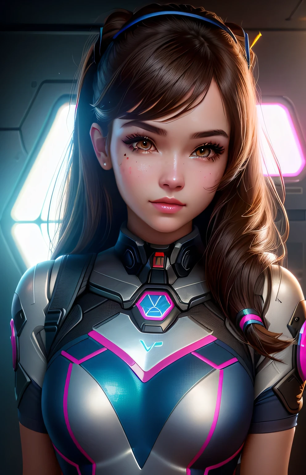 1girl, D.va , overwatch, reflective, glistening skin, studio, super detailed, HD, visible pores, perfect hair, very detailed hair, perfect, very beautiful, a hyper realistic, masterpiece, highly detailed, cinematic lighting, ray tracing, cinematic composition. award winning photo, high contrast, light sparkles, clear face, beautiful dark brown eyes, eyes match, perfect eyelashes