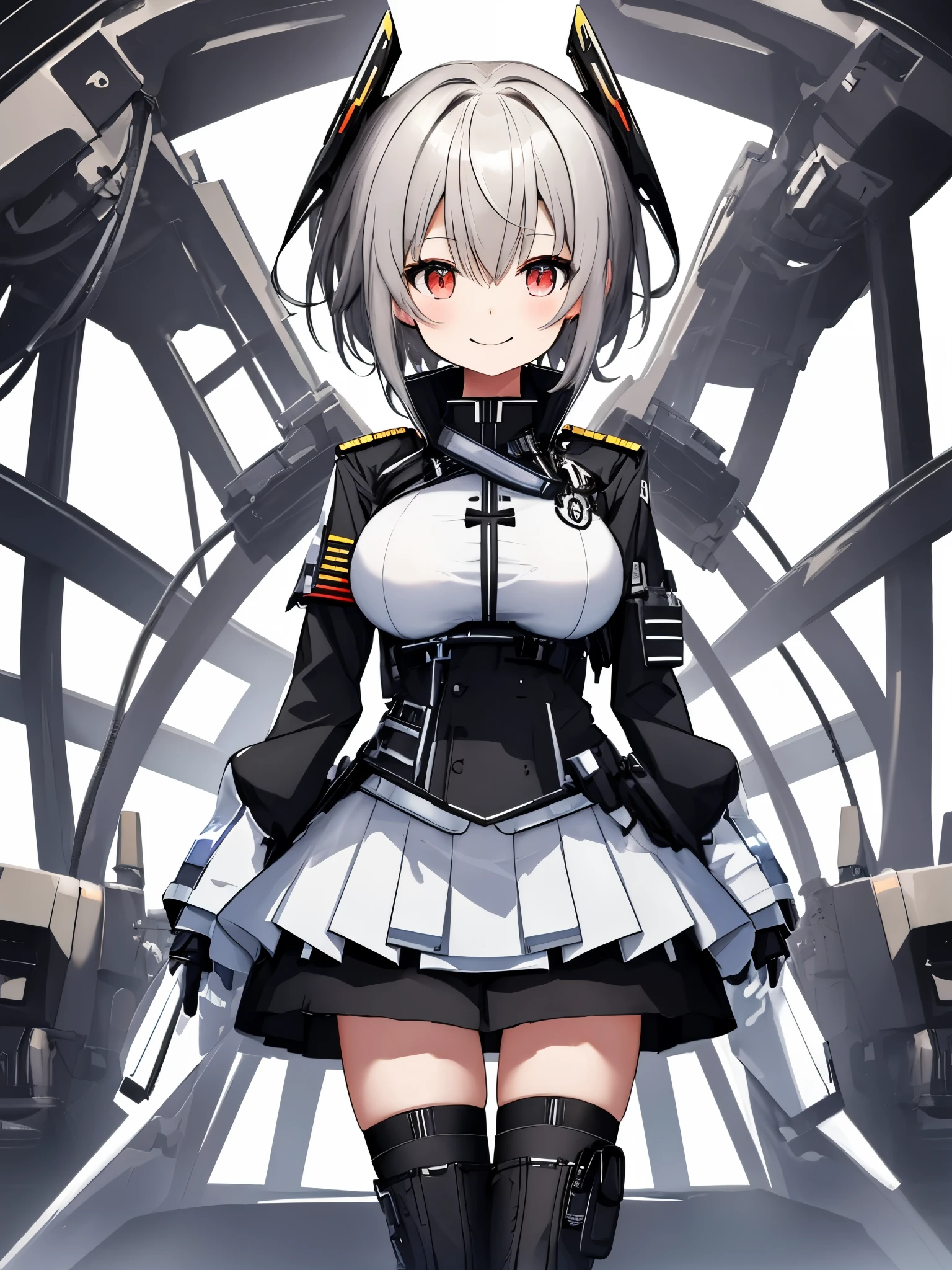 on lap,((((upright)))), ((((stand up)))), looking at the viewer, simple background、white background, 1 girl, open your mouth, smile, Virtual YouTuber、with a girl、((highest quality, expensive_solve, clear_image)),(ridiculously short hair), very big breasts、((concept art))、((front))、dressed in black military uniform。