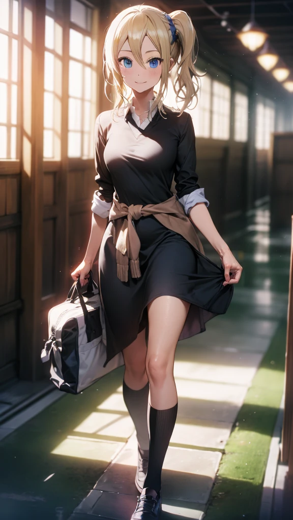 High resolution 8K, aihayasakav4, peace fingers, Anime style, Film Portrait Photography, smile, 1girl, solo, hayasaka ai, blue eyes, blonde hair, black school uniform, white shirt, cardigan around waist, blue scrunchie, standing, indoors, hallway, smile, (Natural skin texture Vibrant details, hyper realistic)