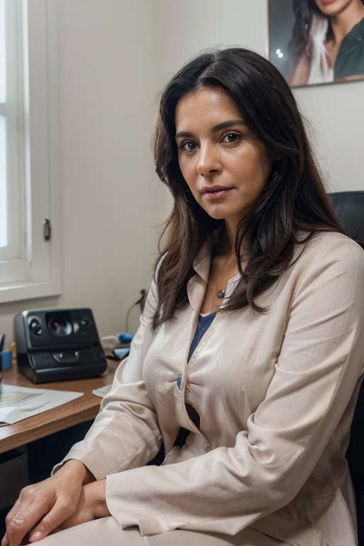 (Best quality, 4k, 8k, high resolution, masterpiece: 1.2), ultra detailed, (Photorealistic: 1.37), close-up portrait of a 50 year old woman, doctor, beautiful black hair, looking at the camera from the front, colors bright, soft lighting, sitting in her office with a duster