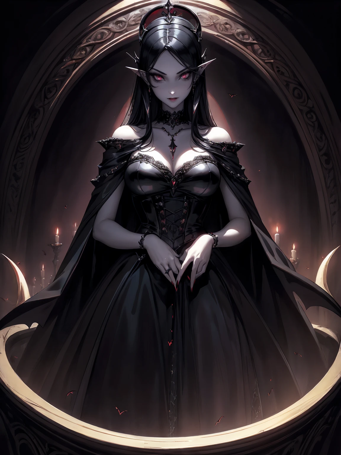 absurdres, ((stunning female Vampire))), goth Renaissance, (long black hair:1.erfect and detailed angular sharp oval shaped face, ((redeyes)), jewelry, red and black tetradic colors, full lips, gothic castle background, (solo), perfect anatomy, approaching perfection, ethereal, intricate details, ultra-high definition, 12k resolution, goth aesthetic, smooth, sharp focus, dreamy, glowing, backlit, glamour, glimmer, fantastical, shadows, smooth, Gothic crown, illustration