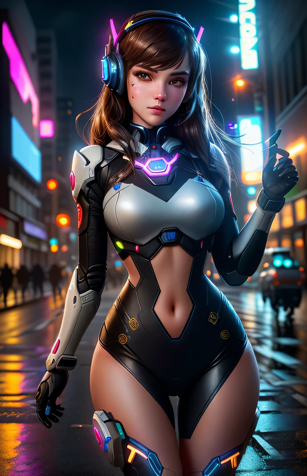 1girl, D.va , overwatch, reflective, glistening skin, studio, super detailed, HD, visible pores, perfect hair, very detailed hair, perfect, very beautiful, a hyper realistic, masterpiece, highly detailed, cinematic lighting, ray tracing, cinematic composition. award winning photo, high contrast, light sparkles, clear face, beautiful dark brown eyes, eyes match, perfect eyelashes, by steven belledin, alina ivanchenko, night raining, wet street, messy floor, robots, cyberpunk technology