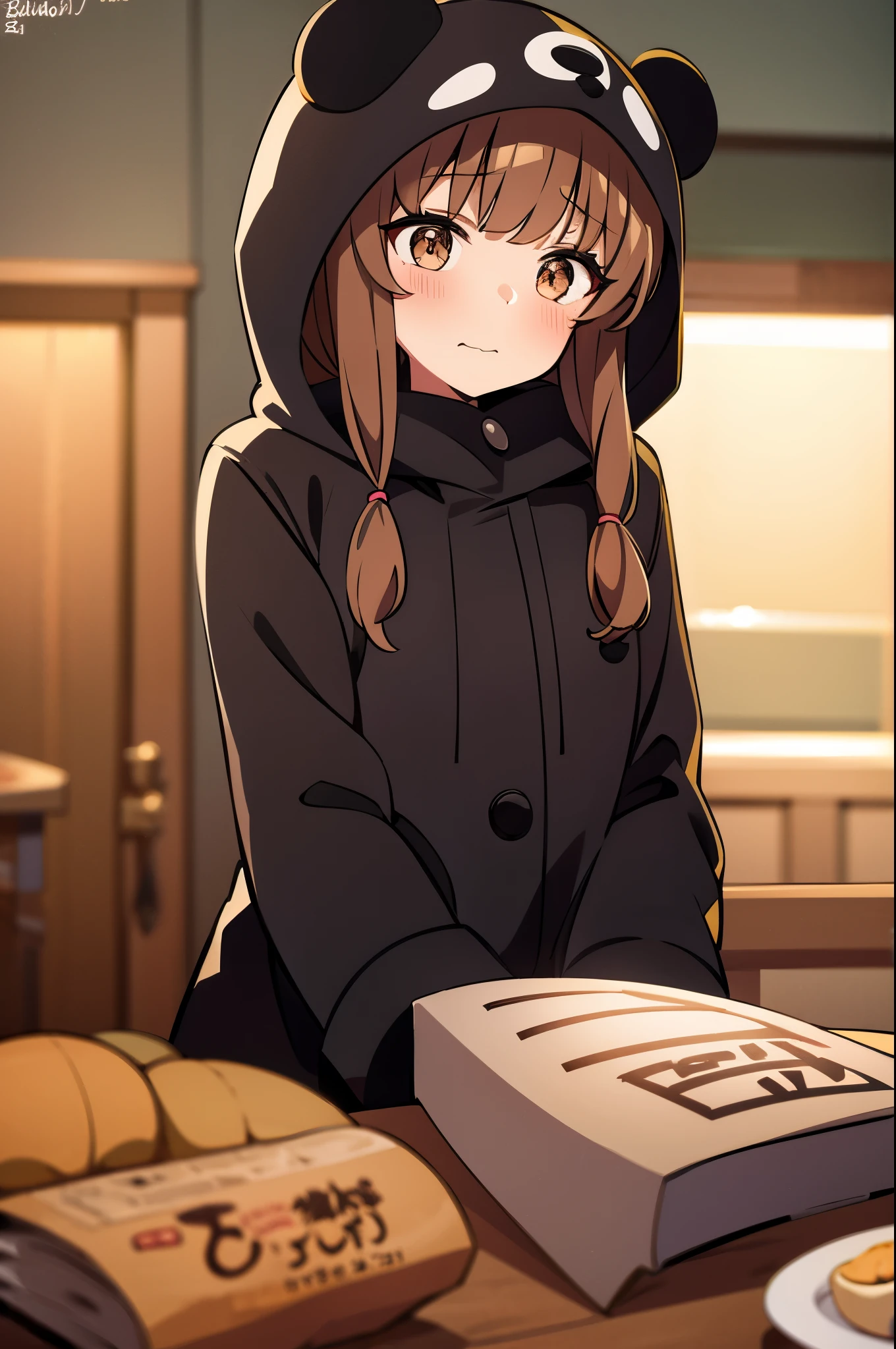 1girl, animal_costume, animal_ears, azusagawa_kaede, blush, brown_eyes, brown_hair, commentary_request, dated, highres, hood, hoodie, looking_at_viewer, panda_costume, seishun_buta_yarou, signature, simple_background, solo, vchan, wavy_mouth