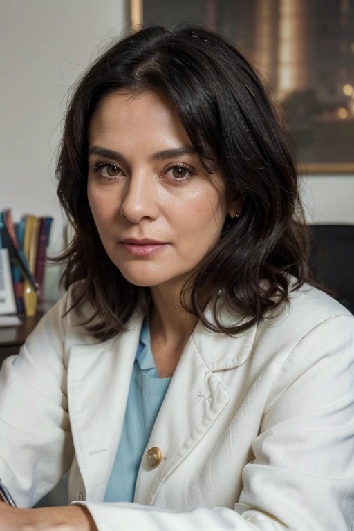 (Best quality, 4k, 8k, high resolution, masterpiece: 1.2), ultra detailed, (Photorealistic: 1.37), close-up portrait of a 50-year-old female doctor, beautiful black hair, looking at the camera head-on, colors bright, soft lighting, sitting in her office with a white coat