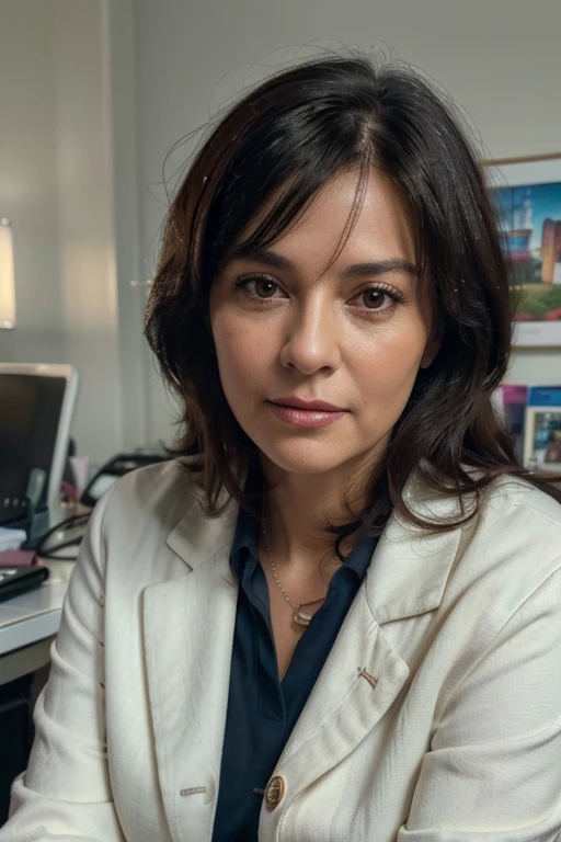 (Best quality, 4k, 8k, high resolution, masterpiece: 1.2), ultra detailed, (Photorealistic: 1.37), close-up portrait of a 50-year-old female doctor, beautiful black hair, looking at the camera head-on, colors bright, soft lighting, sitting in her office with a white coat