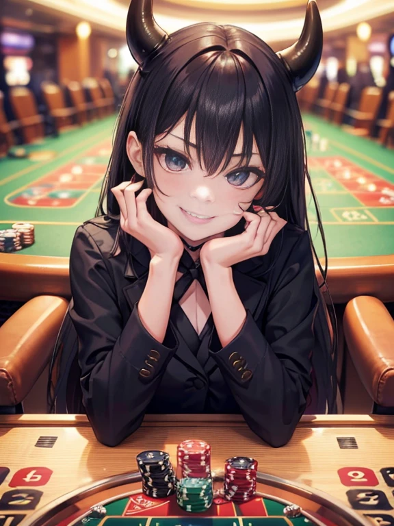 Generate a close-up image of a girl sitting at a casino table. Her elbows are resting on the table and she is intertwining her fingers. She has a mischievous smirk on her face, resembling a devilish smile. Focus on capturing the expressions in her eyes and the subtle details of her facial features."