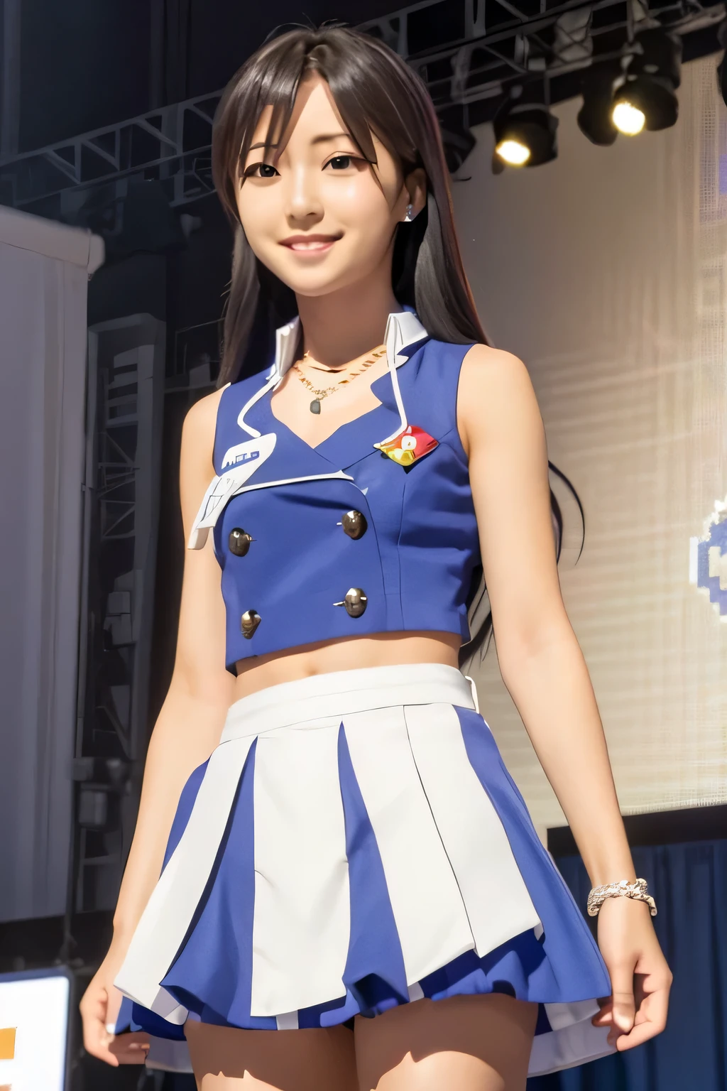 (((pixel perfect, Perfection with attention to detail))), alone, 1 girl, Chihaya Kisaragi, stage, Idol, bare shoulders, necklace, looking at the viewer, :d, smile,break (flat chest)
