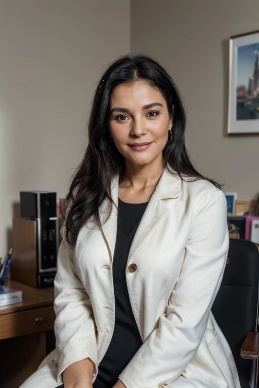 (Best quality, 4k, 8k, high resolution, masterpiece: 1.2), ultra detailed, (Photorealistic: 1.37), close-up portrait of a 50-year-old female doctor, beautiful black hair, looking at the camera head-on, colors bright, soft lighting, sitting in her office with a white coat, smiling